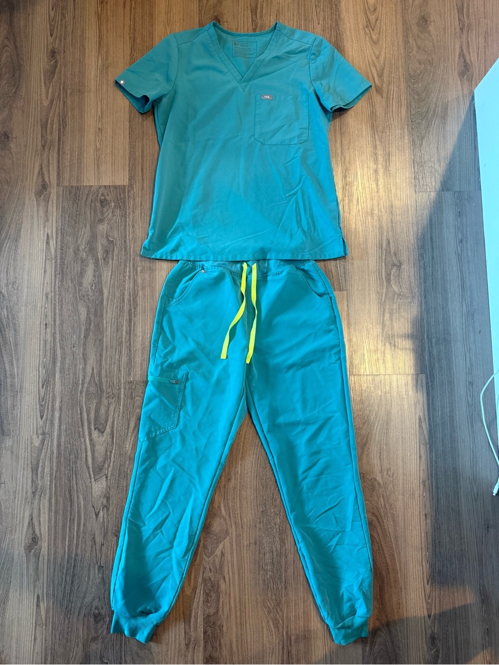 Figs Teal Track Jogger Scrub Set with Neon Yellow Drawstring